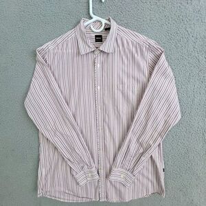 HUGO BOSS MENS BUTTON DOWN SHIRT SIZE XL RED/PINK STRIPES